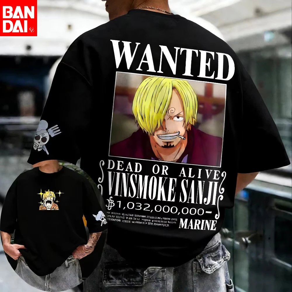 Camiseta de algodón oversize para hombre con estampado doble (dorso/pecho) del póster de wanted de Vinsmoke Sanji de One Piece, con diseño de Chef Skull Jolly Roger, estilo streetwear.