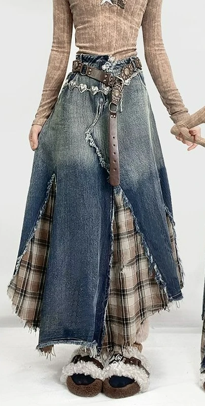 2025 Autumn New Retro Design Irregular Denim Skirt with Grid Pattern Splicing Denim Half Skirt Looks Thin