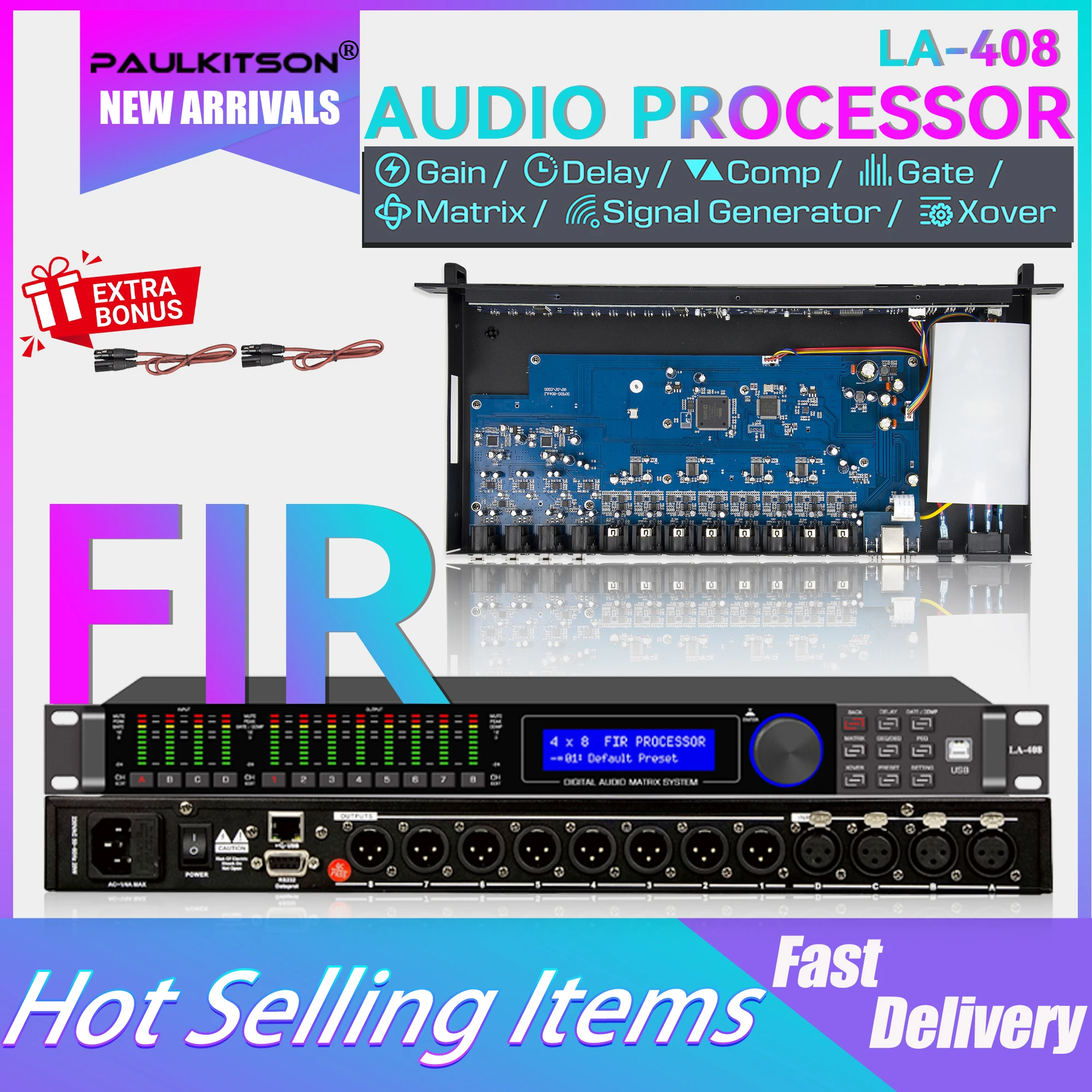 PAULKITSON LA408 4-In 8-Out FIR Audio Processor 192KHz Gain Delay Comp Gate Matrix Xover For Stage Live Show KTV Sound System