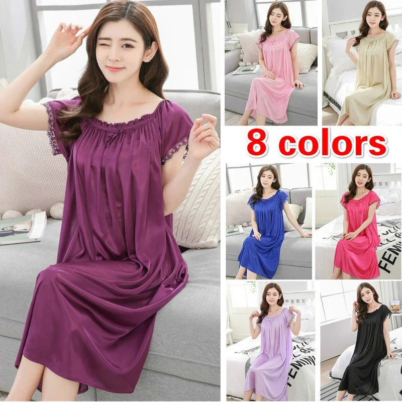 Summer  Womens Solid Color Sleepshirt Home Clothing Lace Ice Silk Long Nightdress Short Sleeve Loose sleepswear