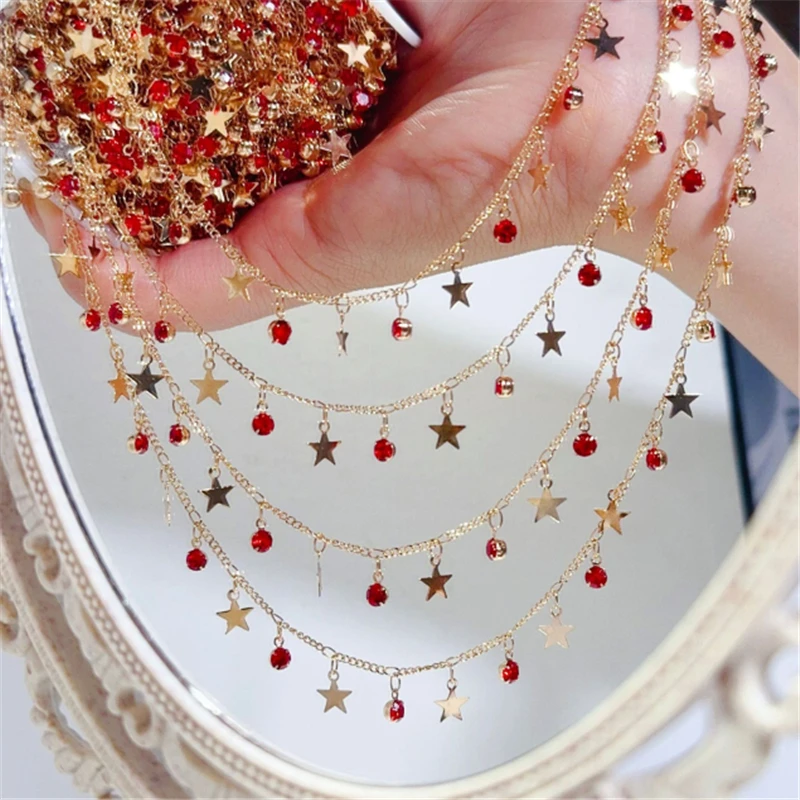 1 Meter New Retro Brass Red Crystal Beads Star Link Chains DIY Jewelry Making Necklace Tassel Chain Craft Garment Accessories