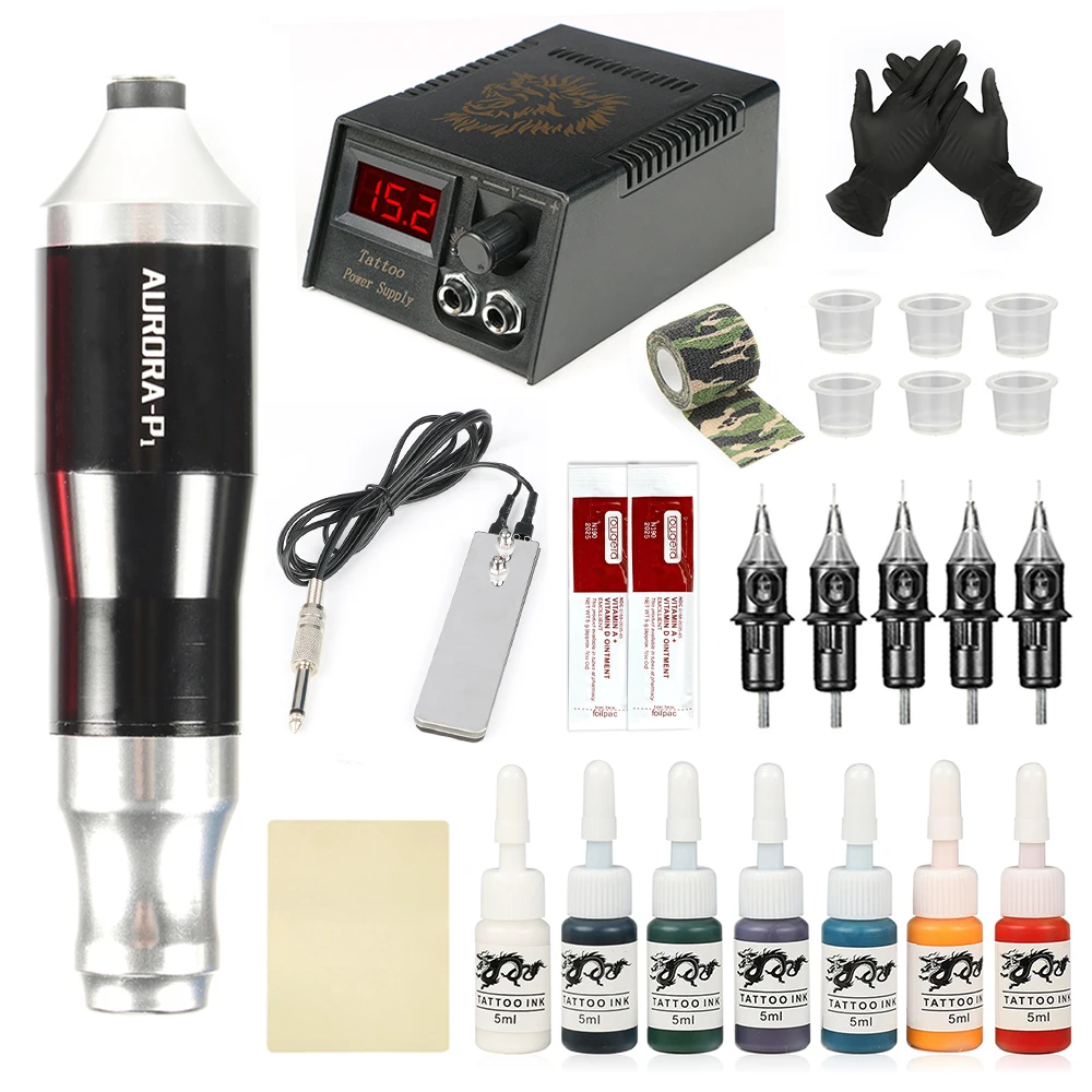 Professional Tattoo Machine Set Rotary Tattoo Pen Aurora-P1 Tattoo Power Supply With Cartridges Needles Tattoo Gun Kit Complete