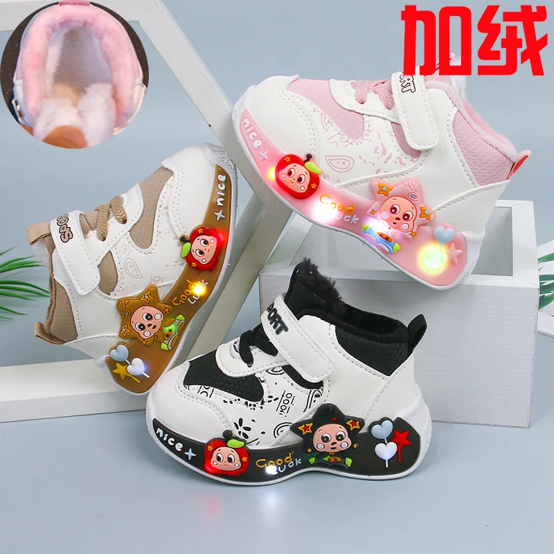 Kids'Casual Shoes Led Light Cartoon PU Leather Fashion Winter Shoes For Children Warm Anti-slip Khaki Black Designer Size 21-31