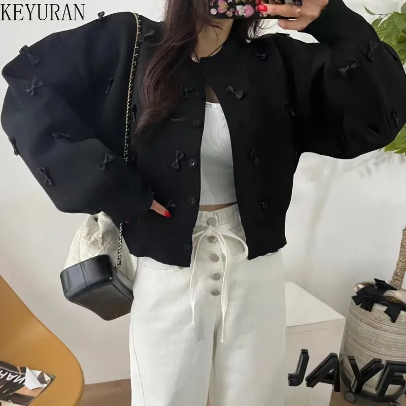 Korean 3d Bow Knitted Cardigan Women's 2024 Autumn Winter New Round Neck Long Sleeve Single Breasted Sweater Outerwear Crop Tops