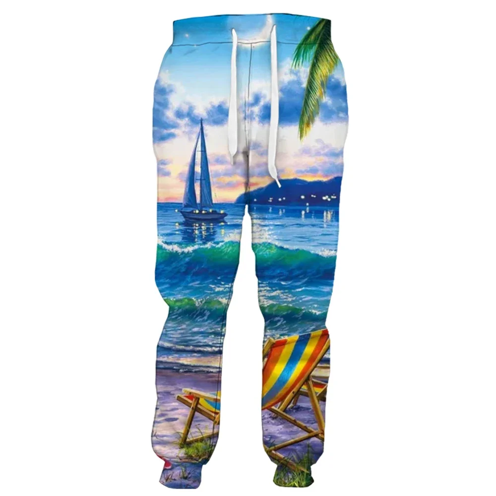 HX Fashion Mens Pants Romantic Island Dusk Waves 3D Printed Sportwear Casual Sweatpants Streetwear Men Joggers Dropshipping