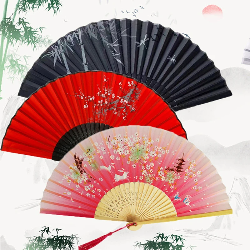 Vintage Chinese Style Folding Fan Bamboo Hand Fan Wooden Shank Classical Dance Fan With Tassel Elegent Female Fan Home Decor