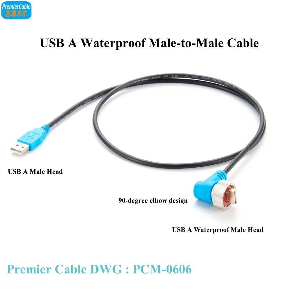 

Ruggdized Waterproof USB 2.0 Cable Assembly Rugged Metal IP68 A Male to Standard A 90 Degree Elbow Type A Male to Male Cable