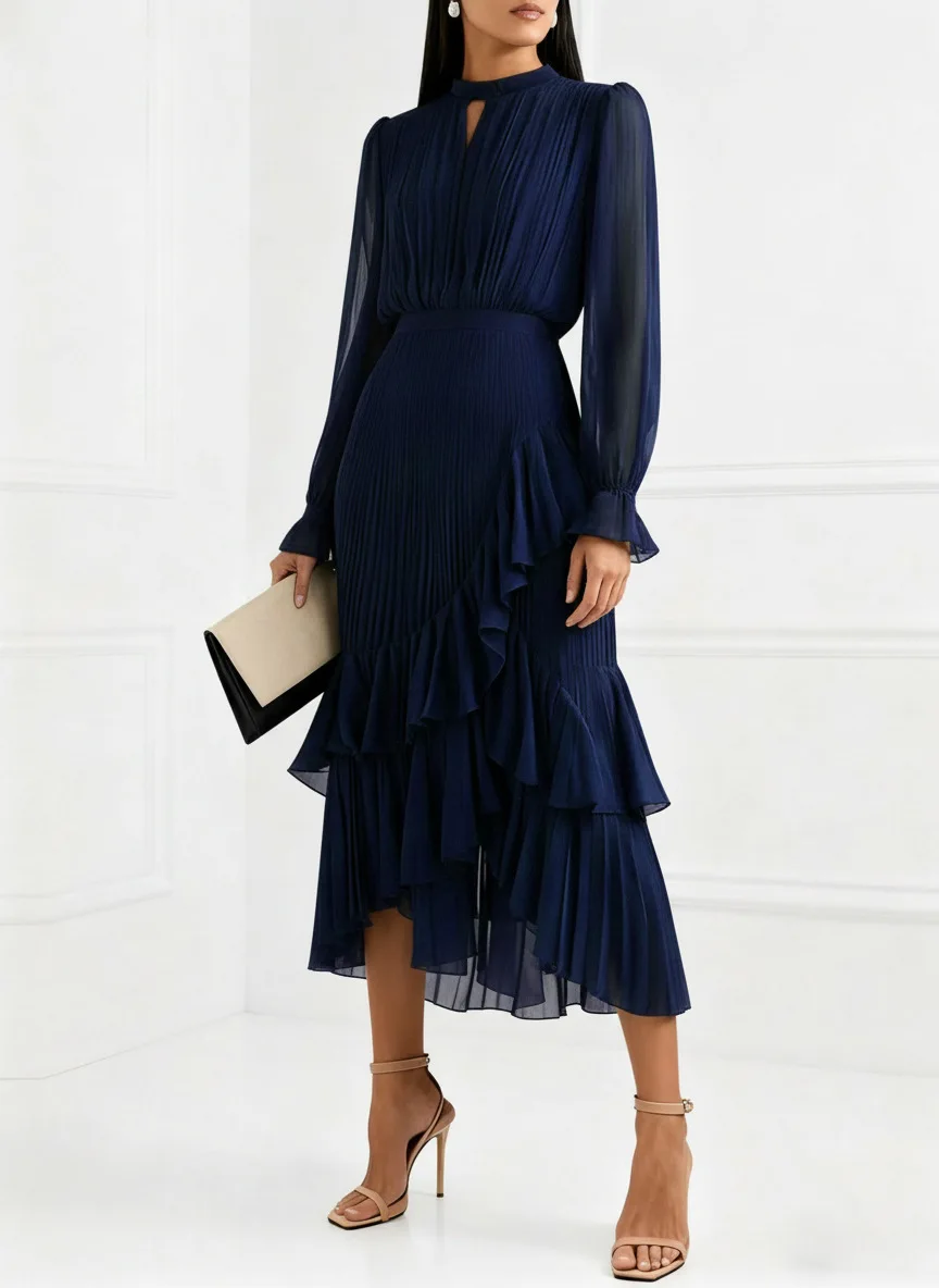 LGRQ 2026 Summer New Solid Color High Waist Dress With Ruffled Hem And Pleats Mid-Length Party Evening Gown