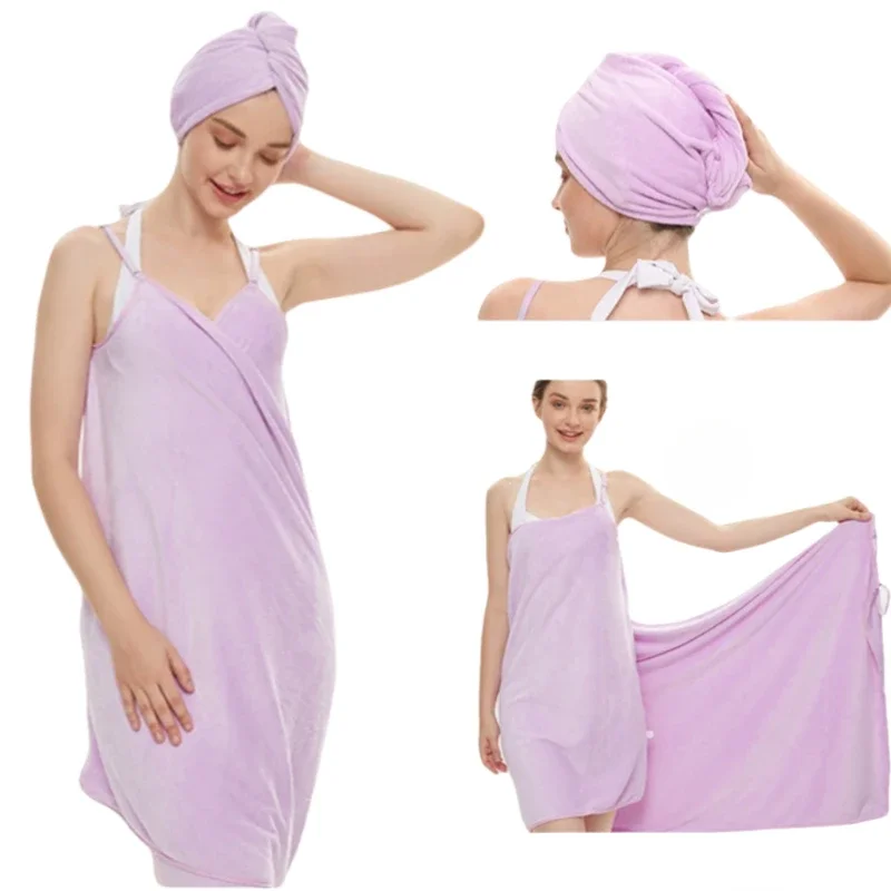 2 Pcs Set Women Camisole Shower Dress Sexy Backless Absorbent Wearable Bath Towel Suspenders Nightdress Dress