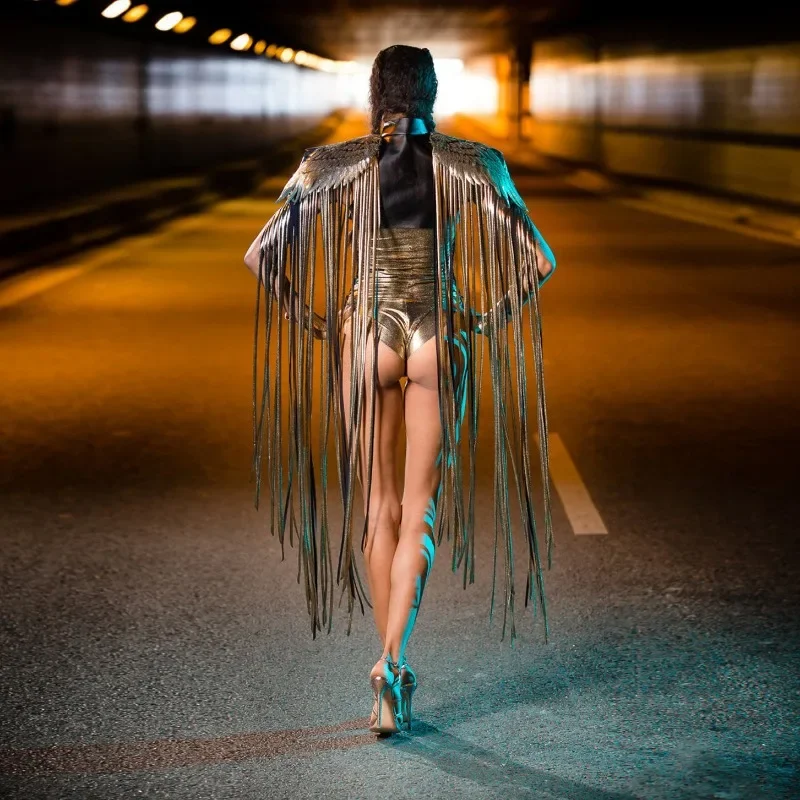 CPSYMYM Gothic เลื่อม Fringe พู่ปีก Cover Ups Unisex Y2K ชุดคอสเพลย์หมวก Streetwear Beach Party Shawl Cloak