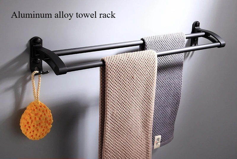 

Black Space Aluminum Towel Rack - No Drill Bathroom Organizer, Single/Dual Rod Wall Mounted Holder for Shower & Toilet toallero