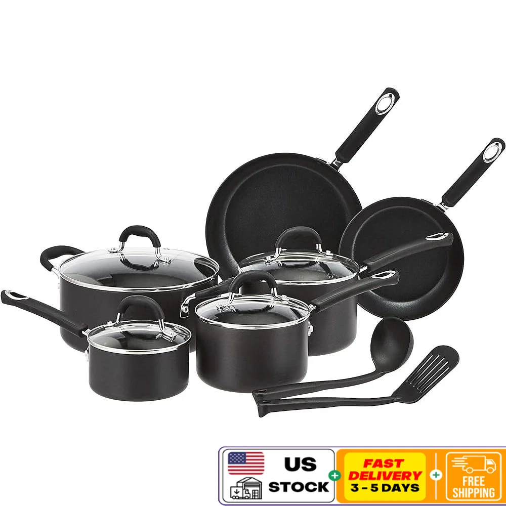 12 Piece Non-Stick Hard Anodized Cookware Set with Soft Grip Handle Pots Pans Utensils Kitchen Cooking Dishwasher Safe