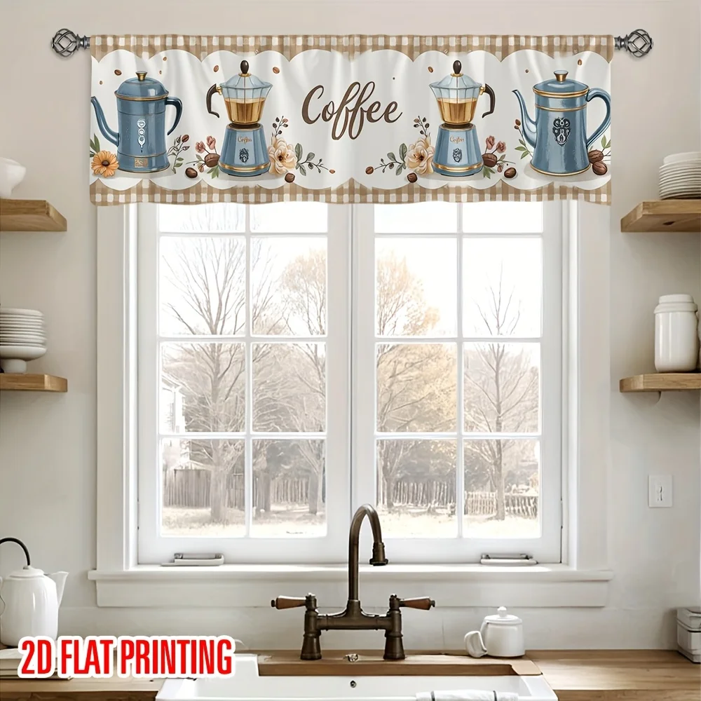 VIKAMA Coffee Valance Curtain French Press Bean Design Semi Sheer Light Filtering Window Treatment for Kitchen Cafe