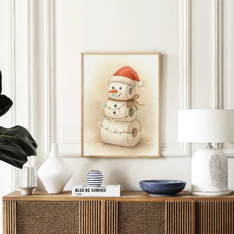 Decorazione natalizia divertente per il bagno, stampa natalizia con pupazzo di neve in carta igienica, simpatico arte da parete per le vacanze, poster per WC, poster invernale rustico