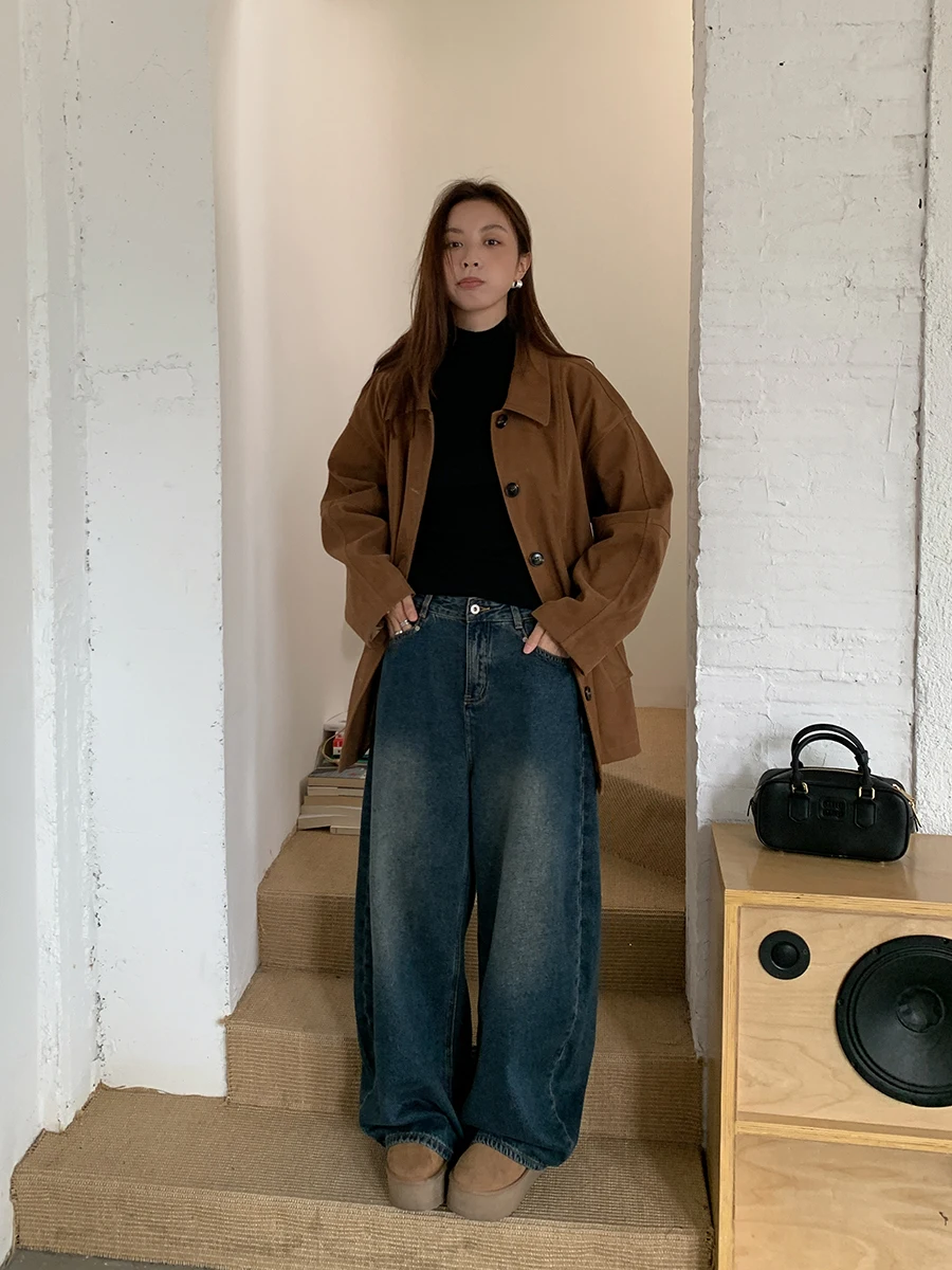 SIXI メルボルンスタイル ヴィンテージ ワークウェアジャケット レディース ルーズ ミドル丈 スエードコート カジュアル ルーズフィット レディース ショートアウター