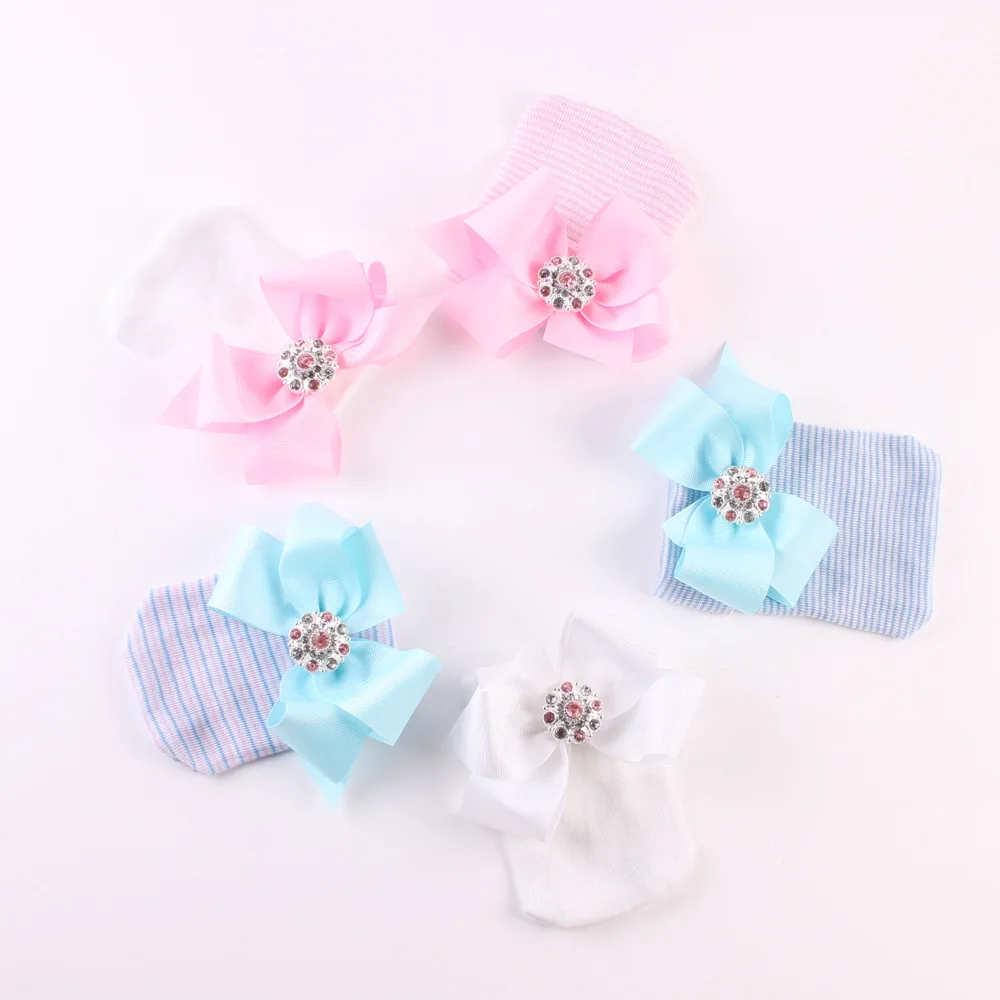Newborn Baby Hat Shiny Diamond Toddler Baby Warm Hats Cotton Striped Caps Soft Hospital Pink White Boys Girls Bow Beanies Baby