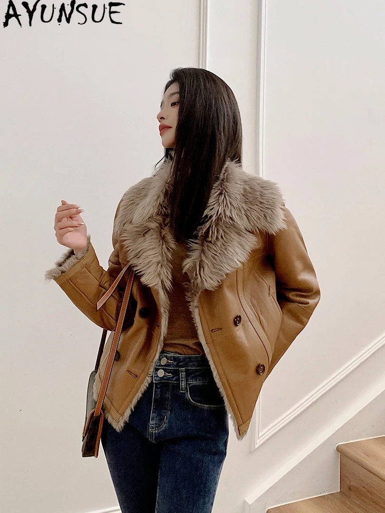 AYUNSUE 2025 New Shearling Jacket Woman 100% Natural Wool Jackets for Woman Clothes Short Fahsion Fur Jacket Ropa Para Mujer