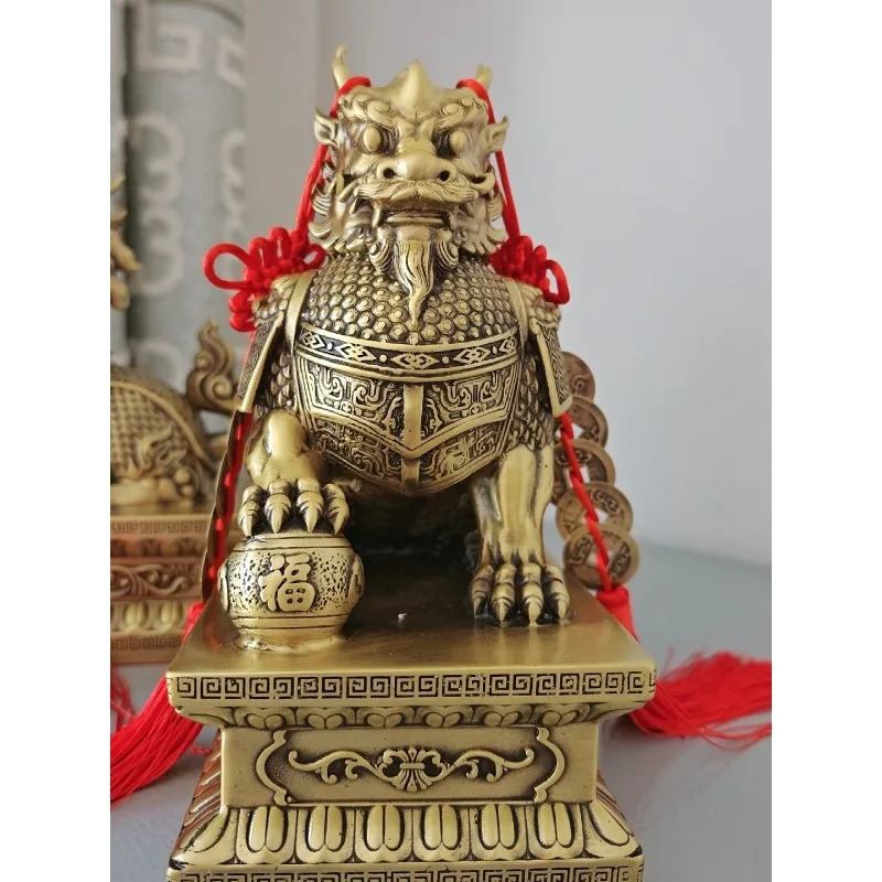 a pair of copper unicorn ornaments, brass wealth unicorn, home furnishing living room store opening decoration crafts