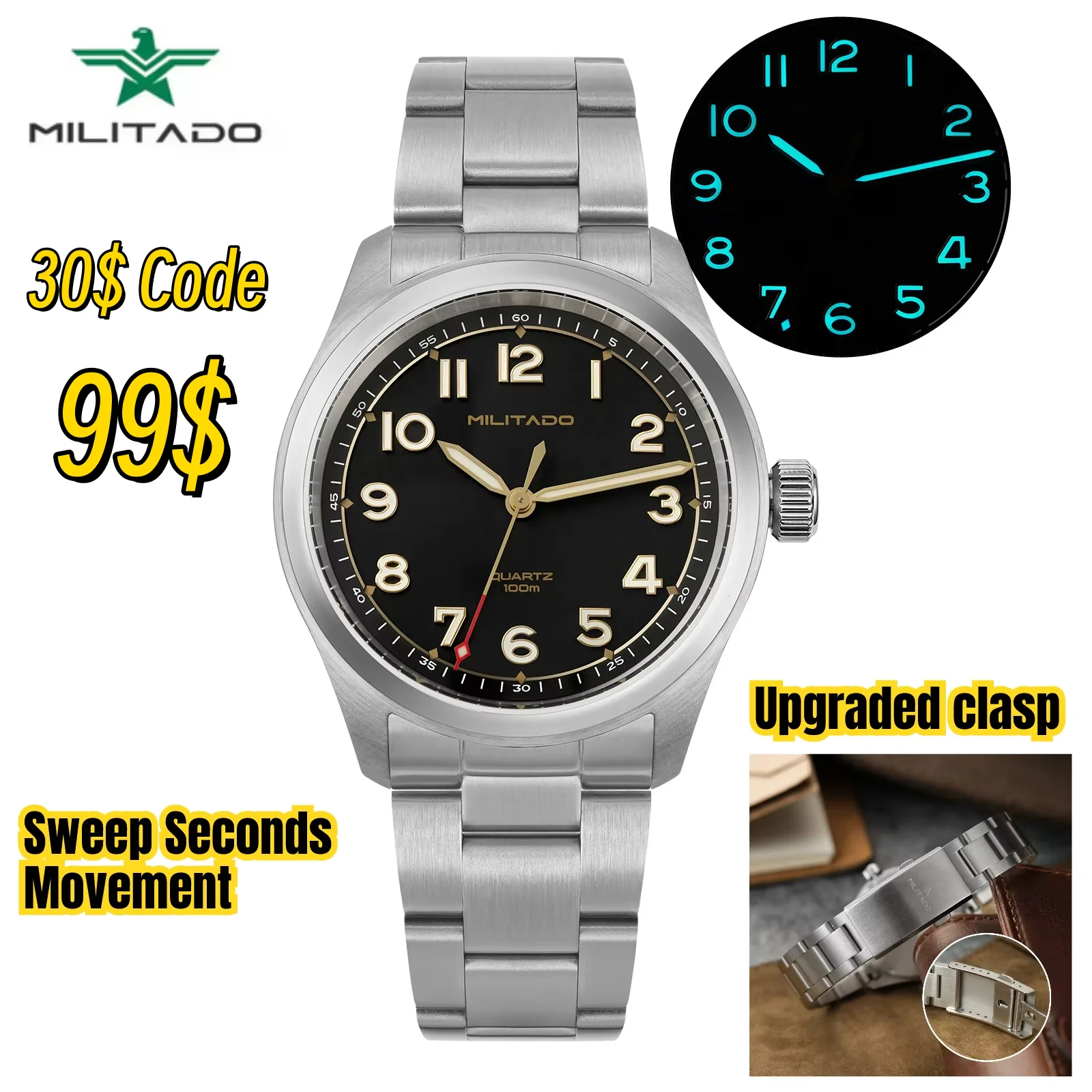 Militado ML08 Military Watch VH31 Quartz Movement Double Sapphire Crystal C3 BGW9 Luminous 10Bar Waterproof 38mm Vintage Watch