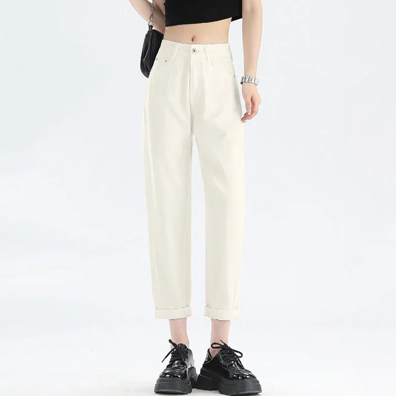 

Woman Designer Solid Simple Harem Jeans Lady Fashion Comfortable Work Wear Pants Girls Korean Casual High Waist Denim Trousers