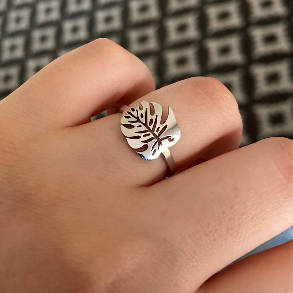 Tropical Leaf Ring Greenery Jewelry Palm Leaf Rings For Women Ring Stainless Steel Anillos Hombre Hawaiian Gift