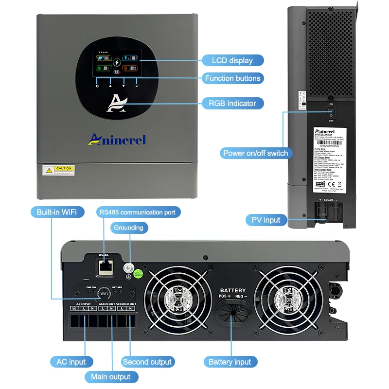 Aninerel 4.2KW 24V عاكس شمسي هجين 220-230V On + Off Grid Pure Sine Wave Inverter MPPT 100A شاحن بالطاقة الشمسية PV 60-500VDC