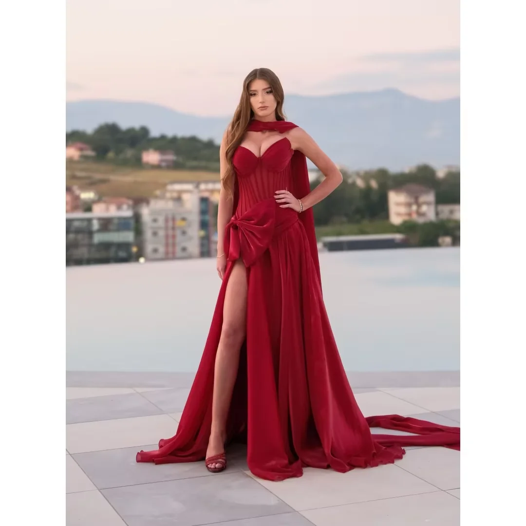 

JEHETH Customized Burgundy Sweetheart Neck Sleeveless Evening Dresses High Side Split vestidos de noche Prom Gowns