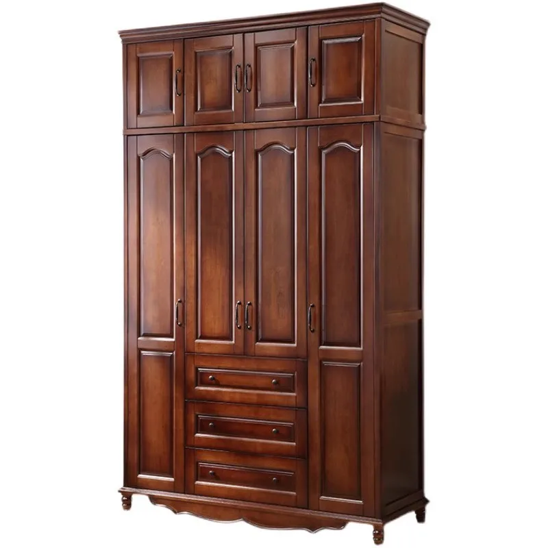 American Style Wooden Wardrobes with 3-5 Slab Doors Drawers Antique Design Freestanding Bedroom Furniture for Home Metal Handles