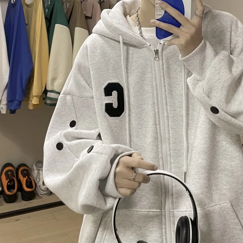 High Street Front Pocket Letter Fashion New Autumn Loose Ins Hooded Hoodies Men Button Fly Harajuku Y2k All-matching  Male