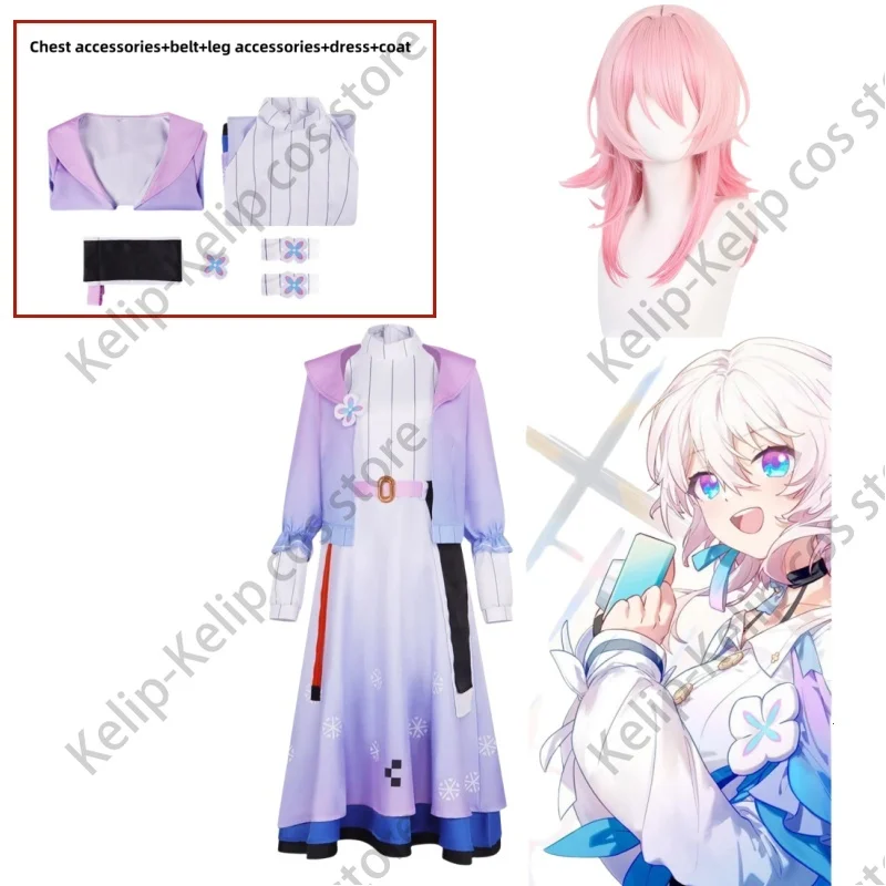 

Anime Game Honkai: Star Rail March 7th Cosplay Costume Astral Express Daily Coat Dress Wig Uniform Woman Lovely Leisure Time Set