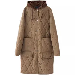 Italian Style Women Long Parkas 2024 New Autumn Winter Light Weight Female Hooded Cotton-Padded Coat Quilted Outerwear Jackets