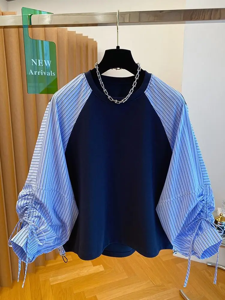 Camicia a righe firmate autunno 2025 Felpa con cappuccio con giunture a contrasto Camicetta da donna in stile pigro Top patchwork alla moda