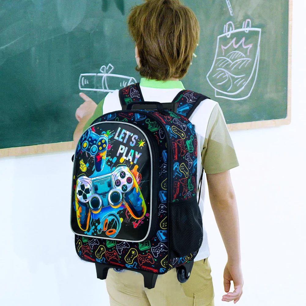 Rolling Backpack for Boys, Kids Roller Wheels School Bookbag with Lunch Bag, Wheeled School Bag for Children