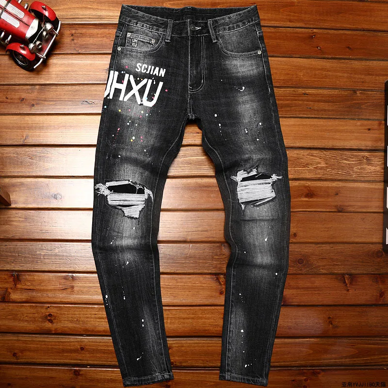 Letter Printed Jeans Men's Ripped Paint Design Trendy Unique Street Fashion and Handsome 2024 New Long Pants