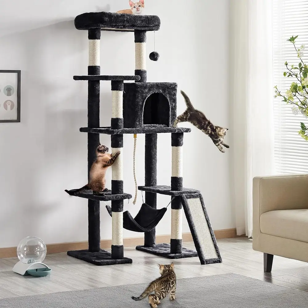 Cat Tree Cat Tower, 63in Multi-Level Pet urniture or Indoor Kitten w/Sisal-Covered Scratching Posts & Condo, Activity Center or