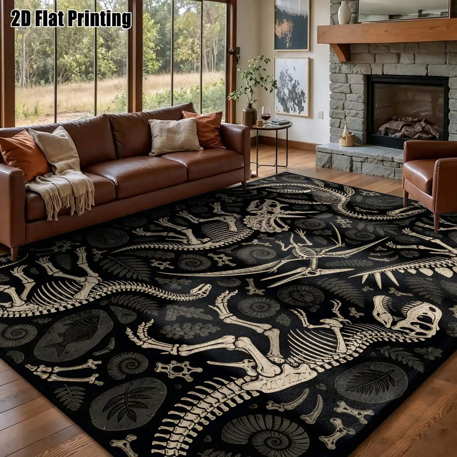 1Pc 2D Printed Retro Black Dinosaur Skeleton Pattern Carpet Nordic/Instagram-Style, Modern Minimalist Vintage European Floor Mat for Entrance, Dining, Foyer, Bedroom, Living Room, Multi-Size, Machine Washable Home Decor.