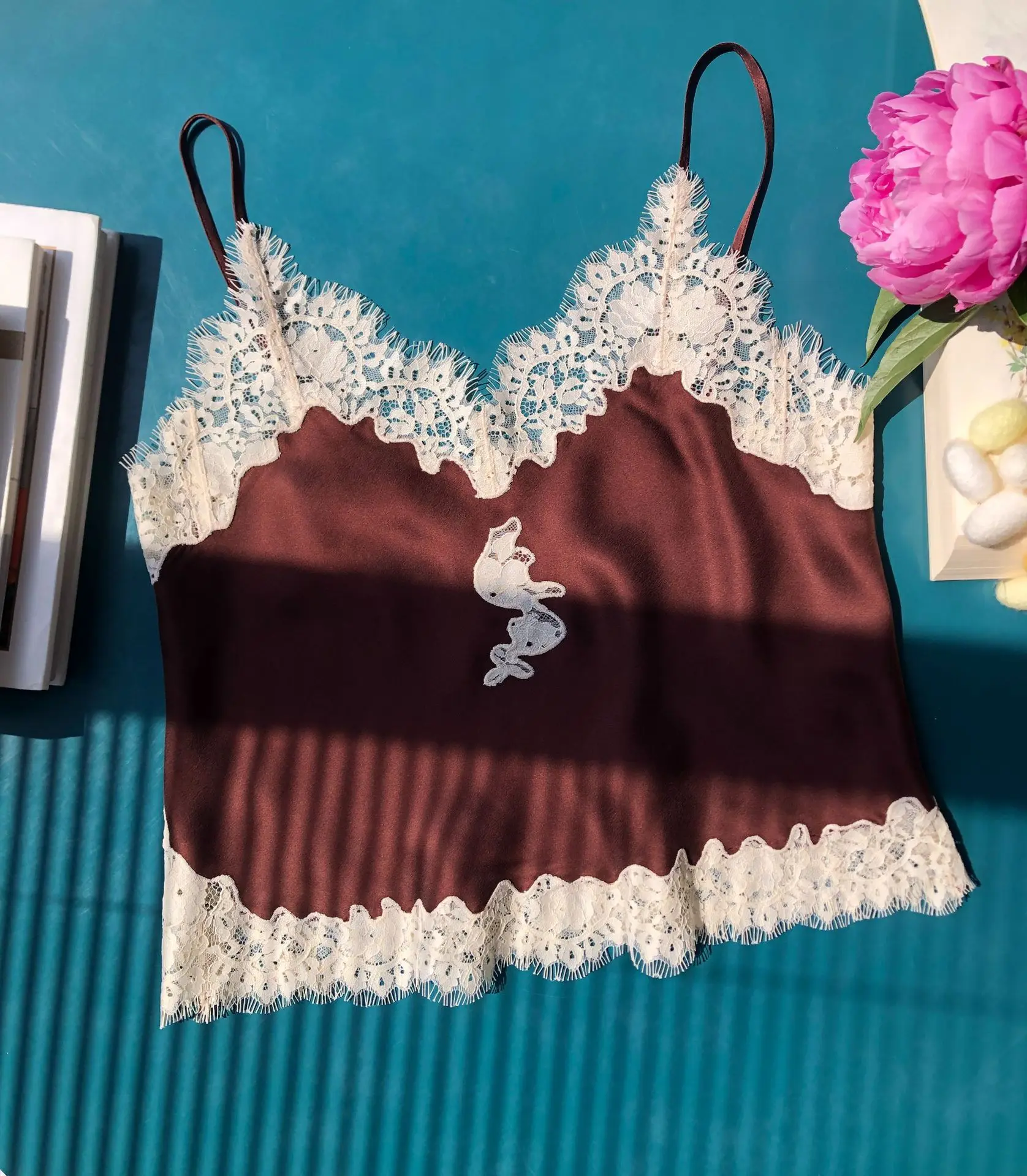 Lace Embroidery Women Silk Set V-Neck Sleeveless Camisole Top + High Waist A-Line Midi Skirt Elegant Suits