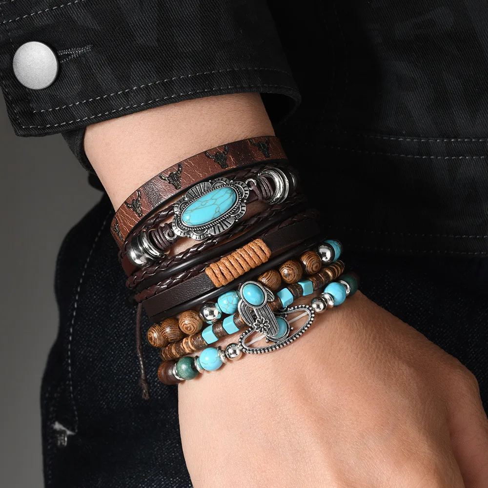 Men's Cactus Turquoise Leather Wooden Beads Multi-layer Accessories Set
