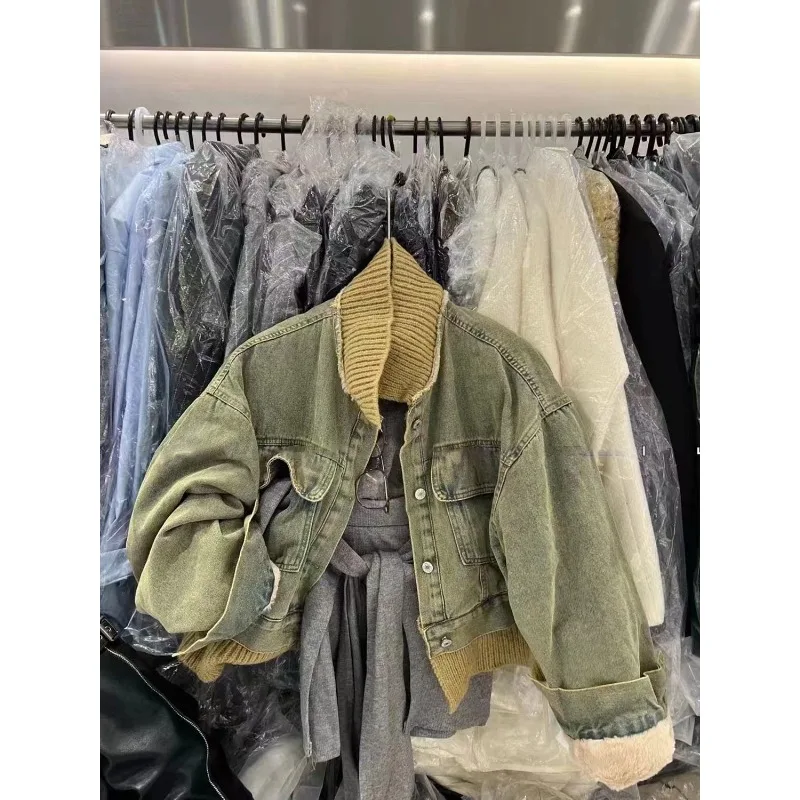 Blouse Outerwear Denim Women's Autumn/Winter Fleece-lined Thickened Faux Two-piece American-style Retro Contrast Colouring New