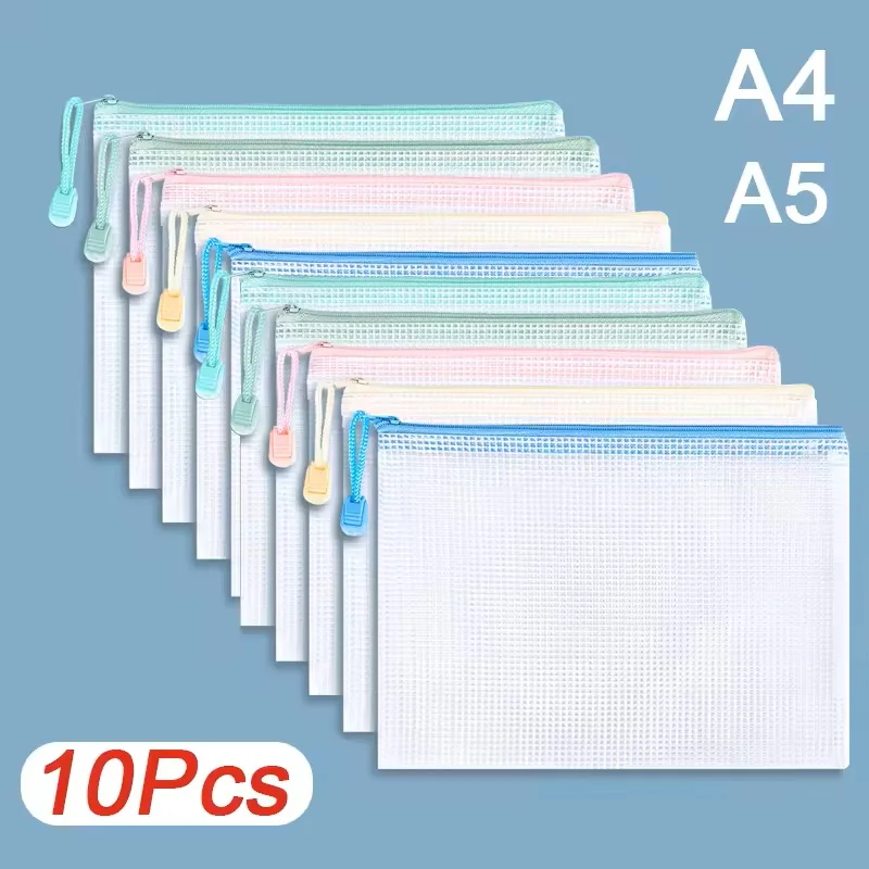 10Pack Mesh Zipper Bag Pouch Waterproof A3 A4 A5 PVC Mesh Zipper Storage Bag for Files Toy Stationery for Office Home Travel Use