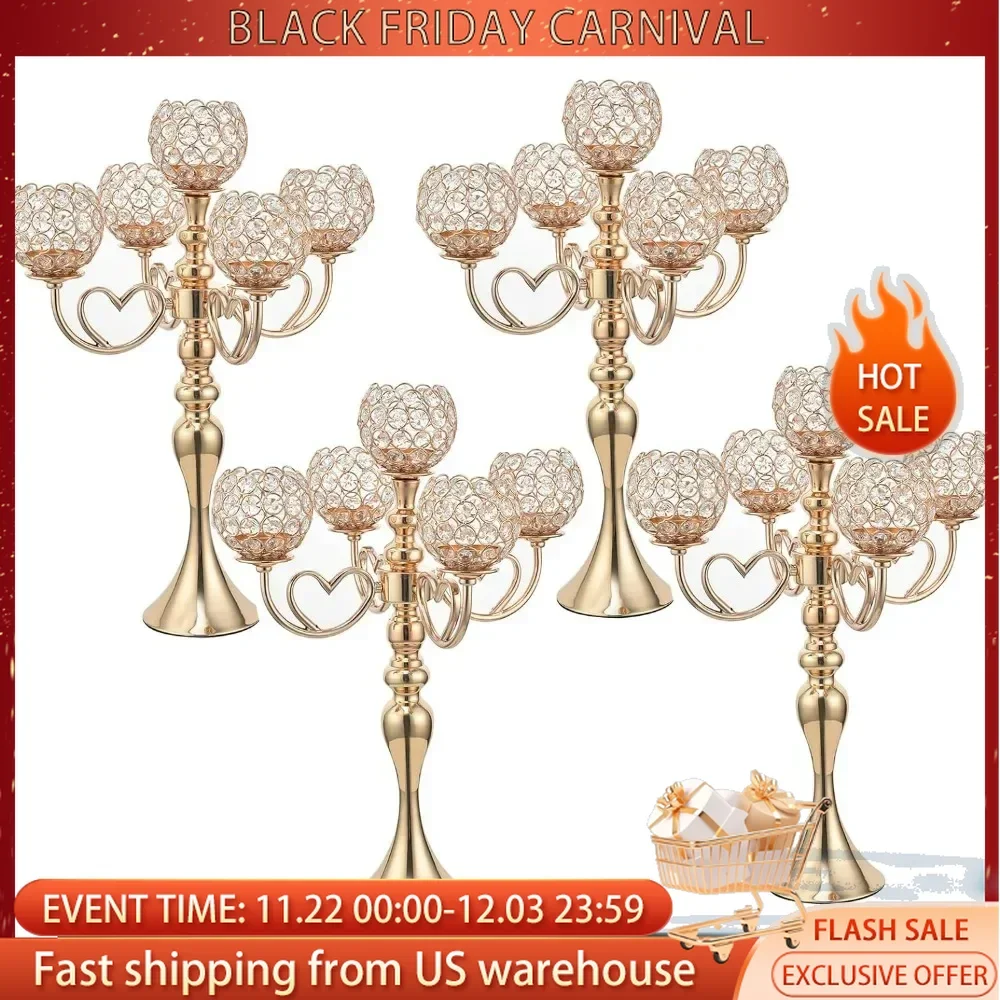 Candles & Holders Pack of 4 Gold Crystal Candle Holders 5 Arms Candelabra Centerpiece for Wedding Dinning Table Decoration Home