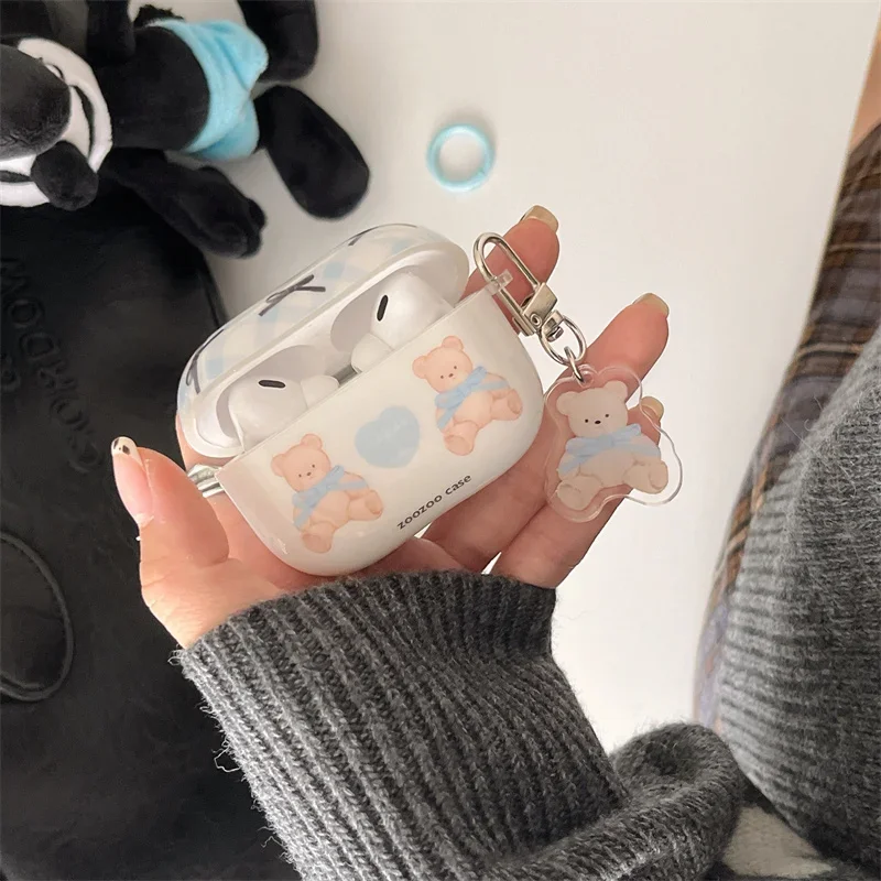 Cute Blue lattice bow bear Earphone Case For Apple Airpods Pro 2 3 1 Cover with Charm Headset Charging Case For Airpod 3  2 Capa