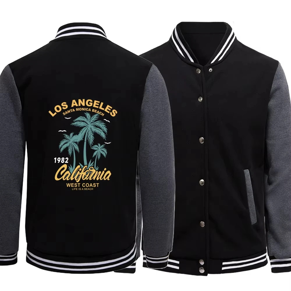 Los Angeles 1982 California West Coast Santa Monica Beach Print Jacket Casual Men Baseball Suit Loose Warm Coat Neutral Tops