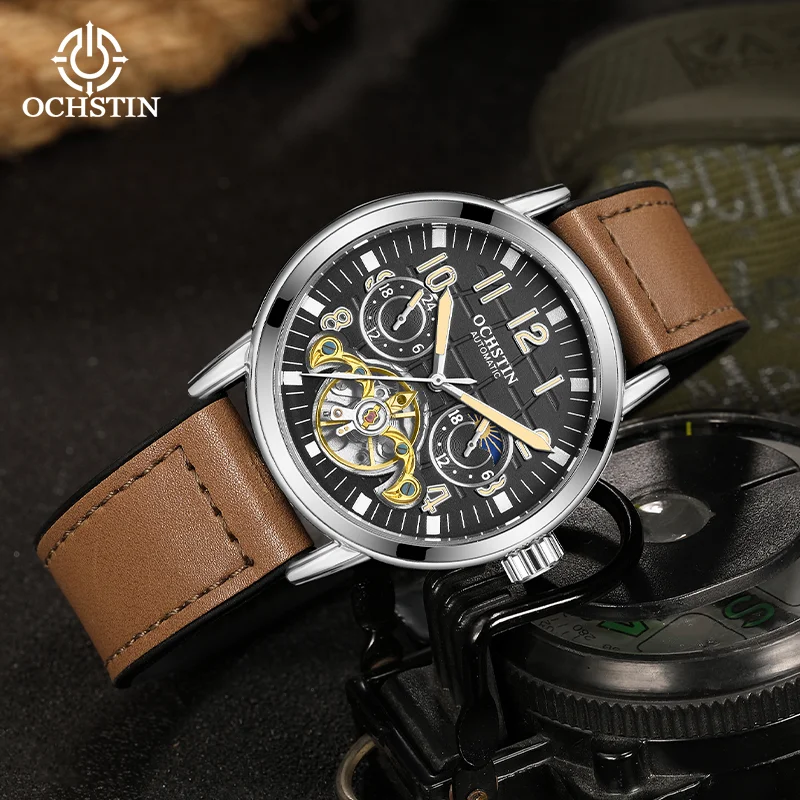 

OCHSTIN New Man Magnetic Buckle Leather-Wrapped Rubber Strap Wristwatch Mens Skeleton Mechanical Watches Luminous Hands Clock