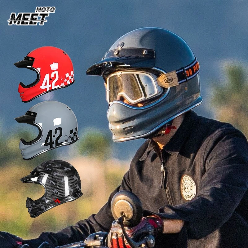 

TORC Carbon Fiber Off-road Pull Retro Full Helmet Motorcycle Cruise Helmet Super Light Universal All Seasons Motorsiklet Kask