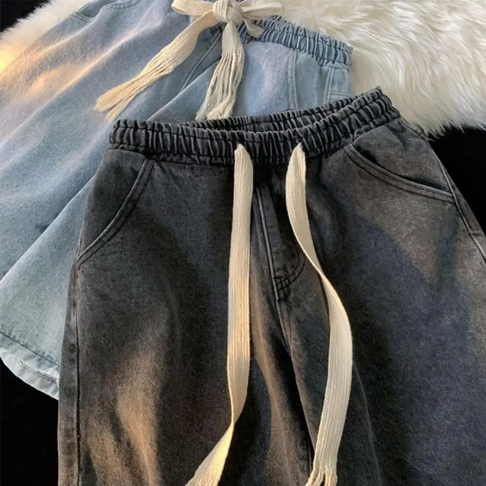 

Wide-leg Jean Shorts Men Wide-leg Denim Shorts Men's Elastic Drawstring Denim Shorts with Pockets Casual Summer Beach for Men