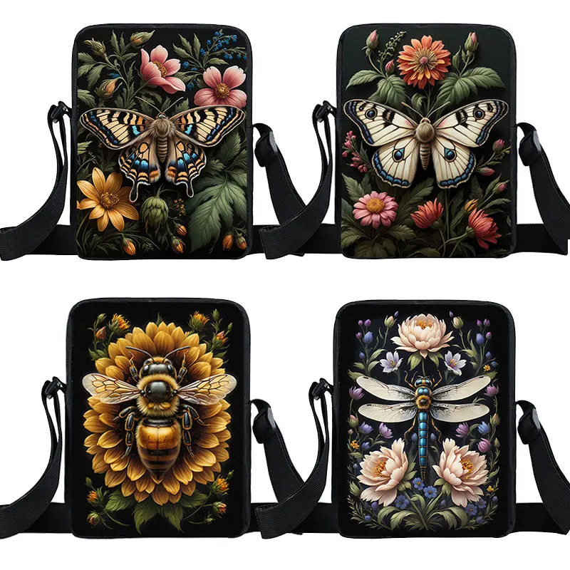 Cute Bee Dragonfly Moth Butterfly Print Crossbody Bags Fantasy Honey Bee Flowers Boy Girls Shoulder Bag Student Bookbags Gift