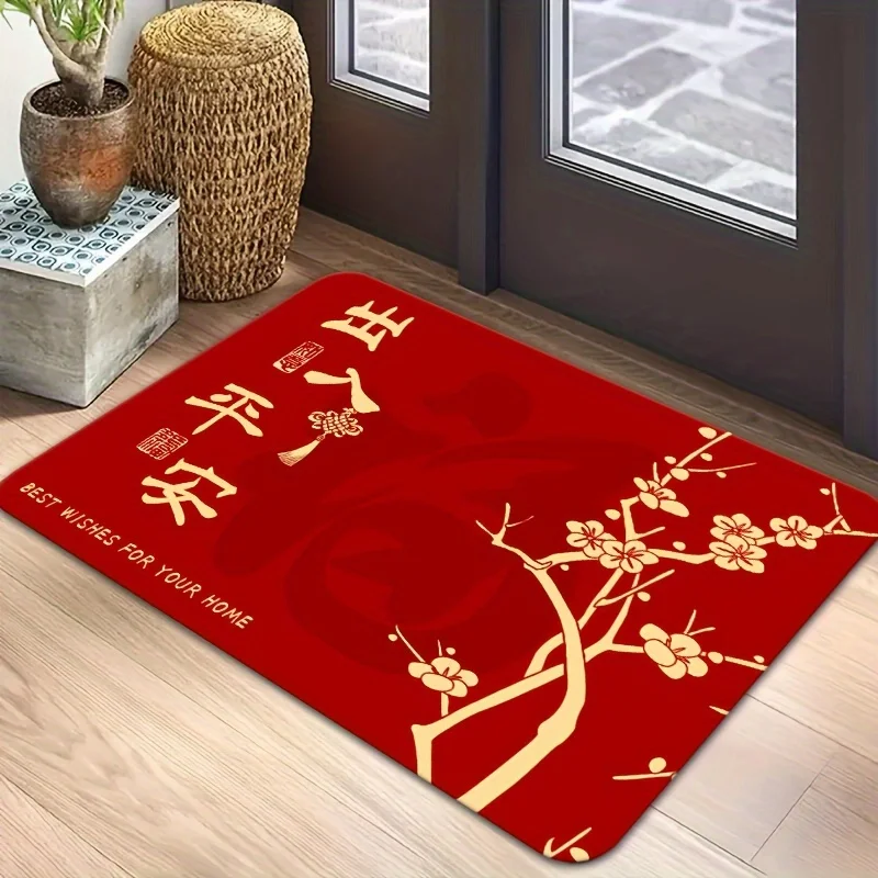 

Chinese New Year Red Floral Doormat, Medium Pile Flannel Bathroom Rug, Lightweight Hand Washable Square Carpet for Home Decor