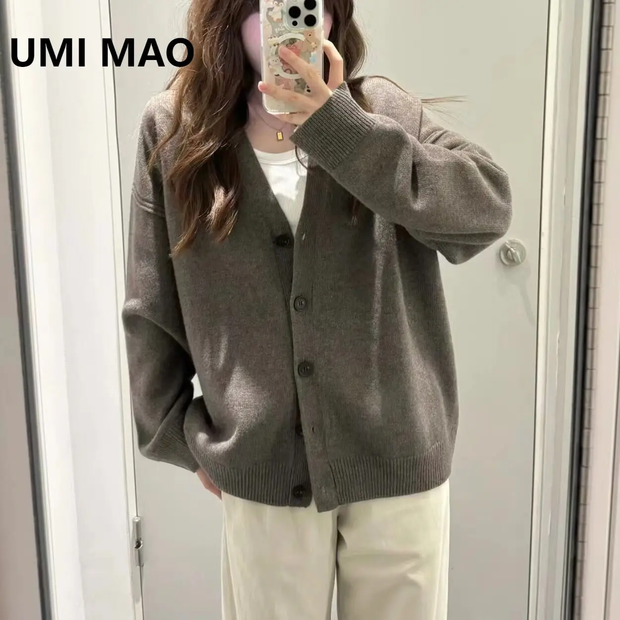 

UMI MAO женская одежда, однотонный шерстяной кардиган с v-образным вырезом, верхнее пальто, вязаный свитер, женские осенние новые модные топы