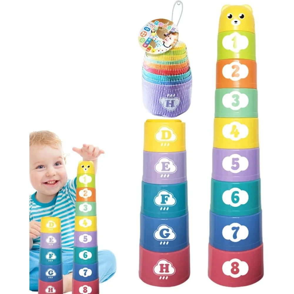 ชุดแก้วซ้อน 9 ชิ้น ของเล่นเสริมพัฒนาการเด็กเล็ก ต่อกันเป็นหอคอยสีรุ้ง พร้อมตัวเลข ตัวอักษร และรูปทรง แก้วพับได้ เกมซ้อนสำหรับเด็ก